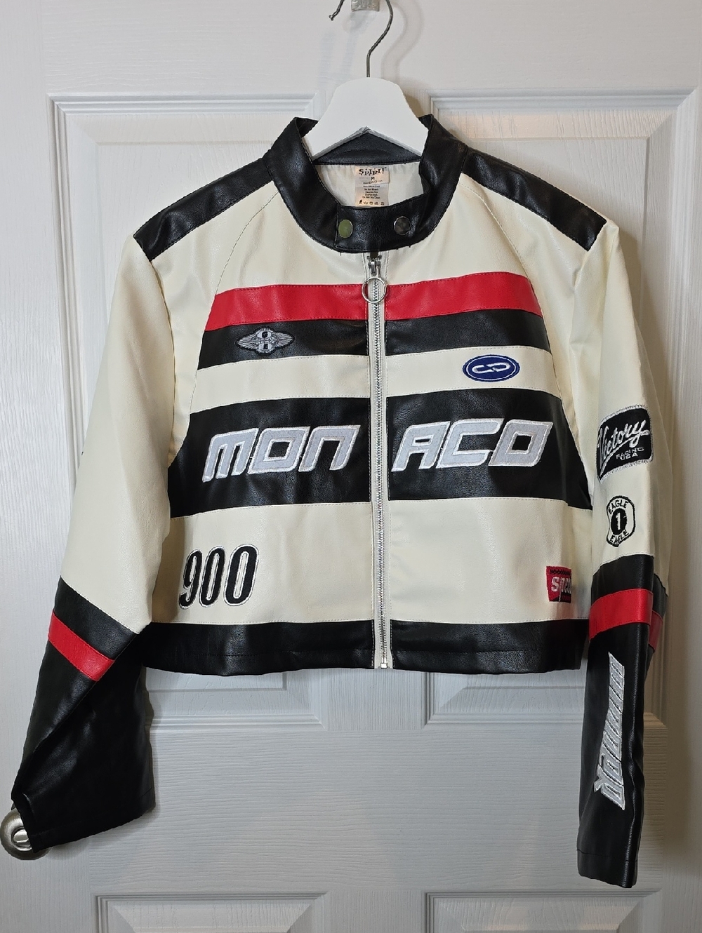 NWT Spirit Halloween Monaco Racing Jacket Cropped Red Faux Leather Adult Medium